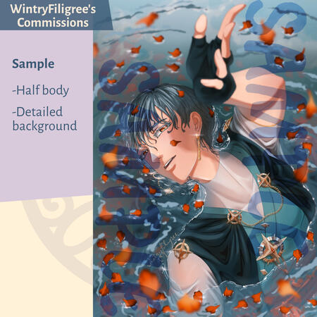 Wintryfiligree's commissions sample, half body with a detailed background