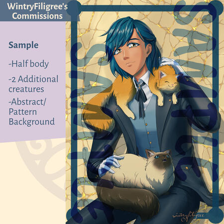 Wintryfiligree's commissions sample, half body with 2 additional creatures and an abstract/pattern background
